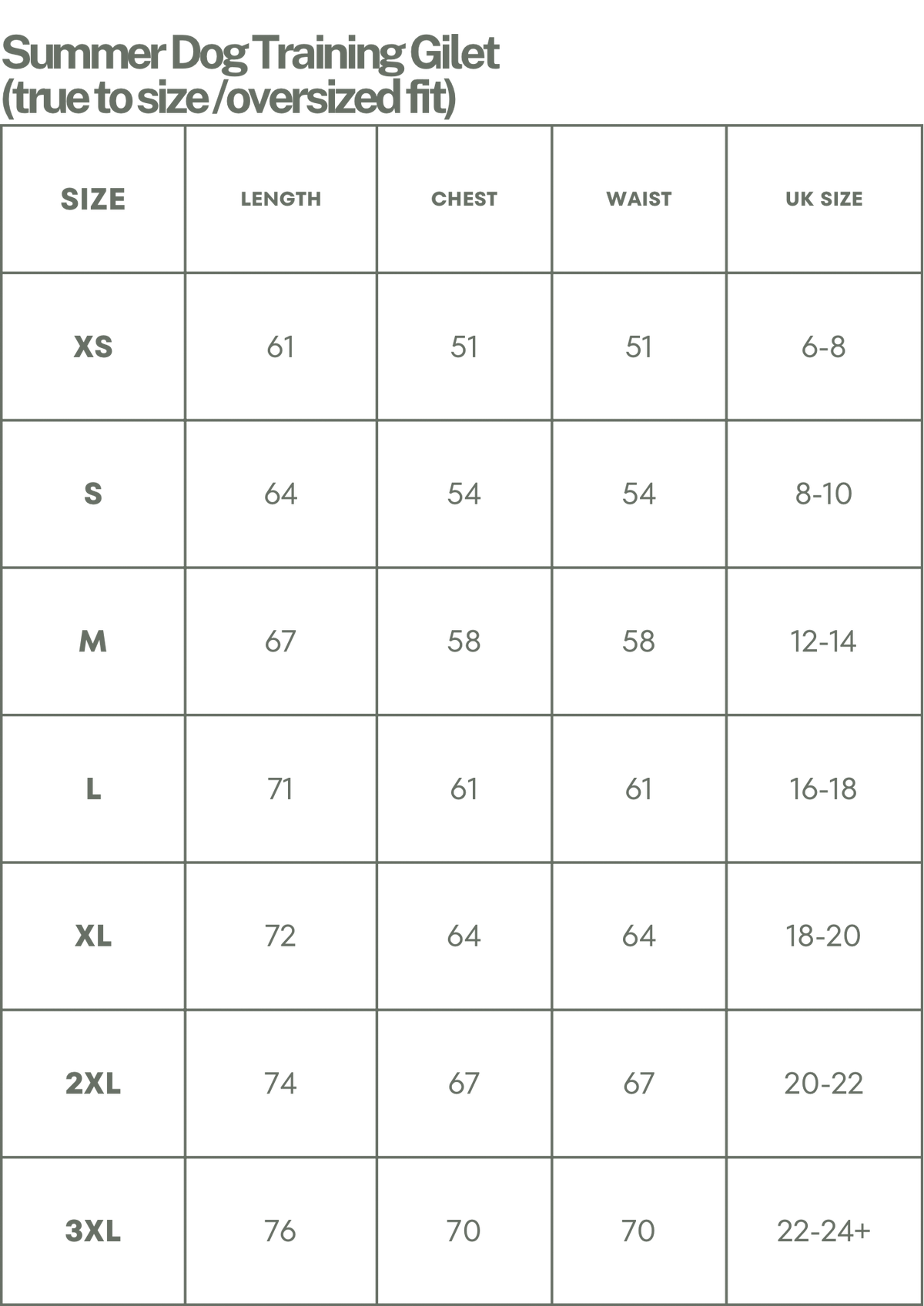 Summer Dog Training Gilet size guide