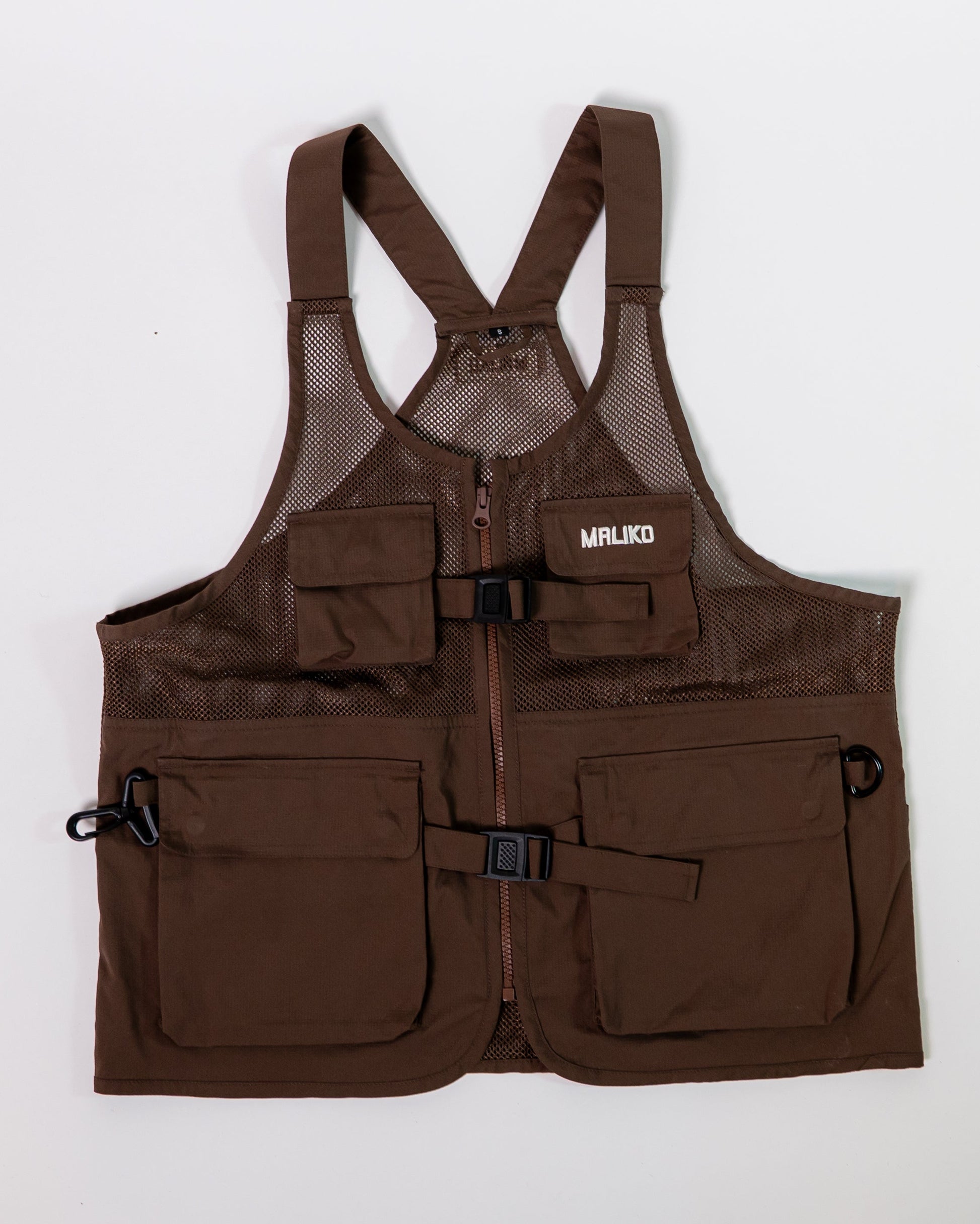 A brown utility dog training vest with multiple front pockets, adjustable shoulder straps, and a front zipper, laid flat on a white background.