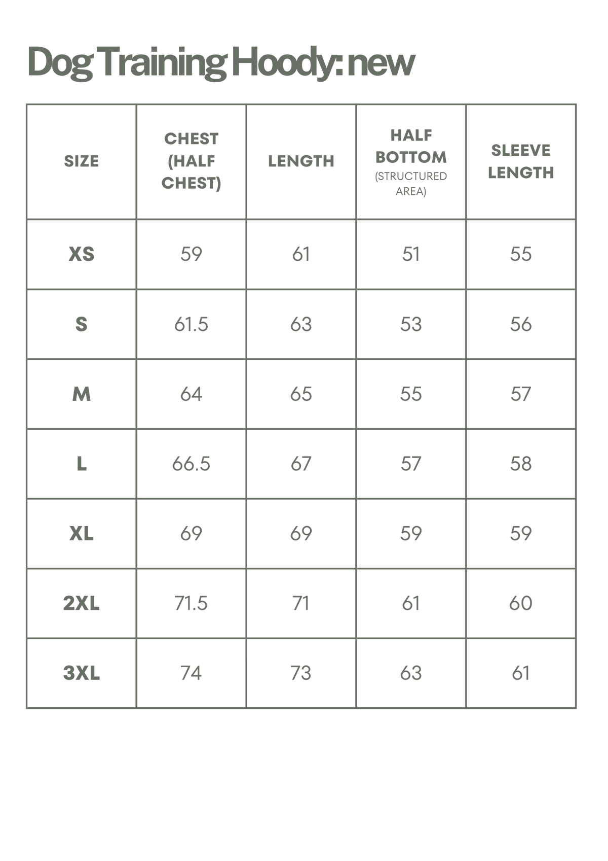 Dog Training Hoody size guide