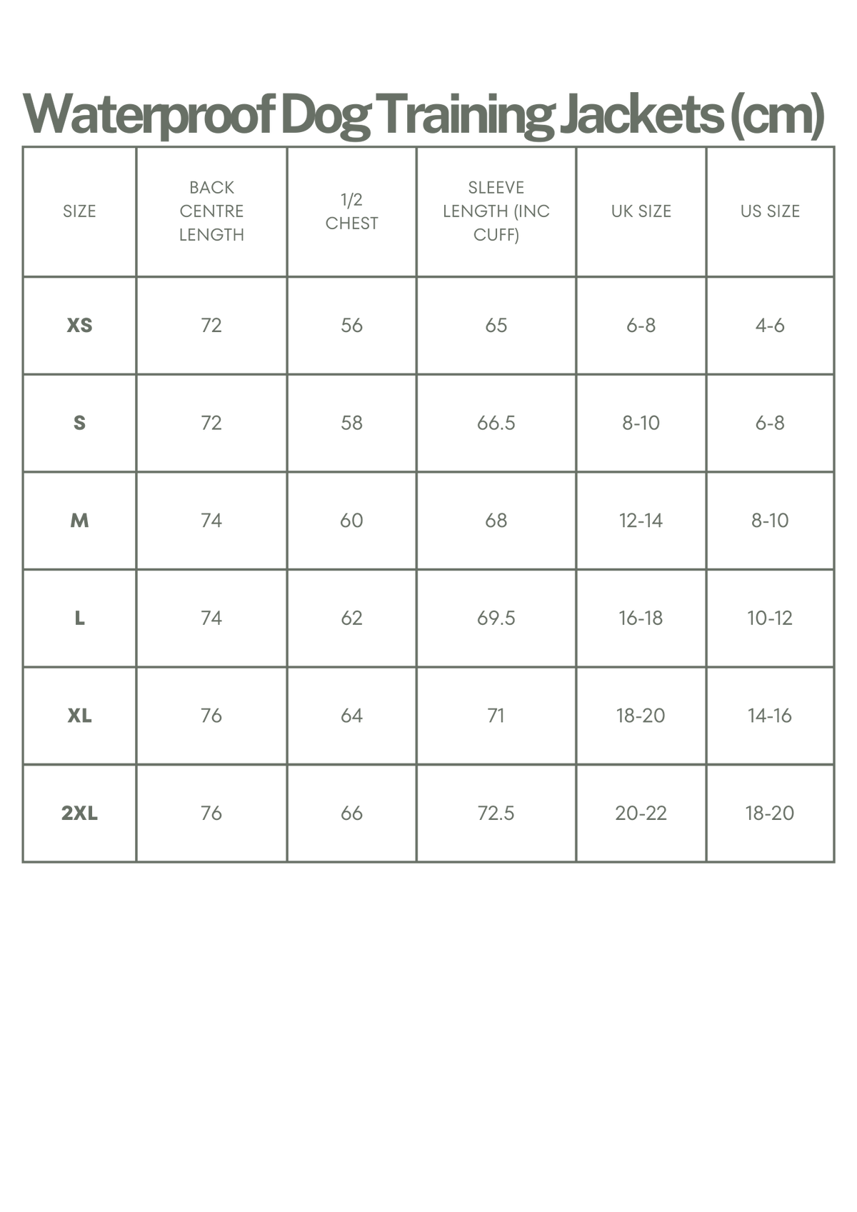 Waterproof Dog Training Jacket size guide